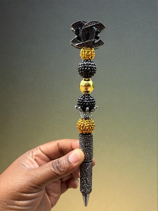 Accessories - Handcrafted Fancy Rhinestone Crystal Beaded Pen in Black & Gold